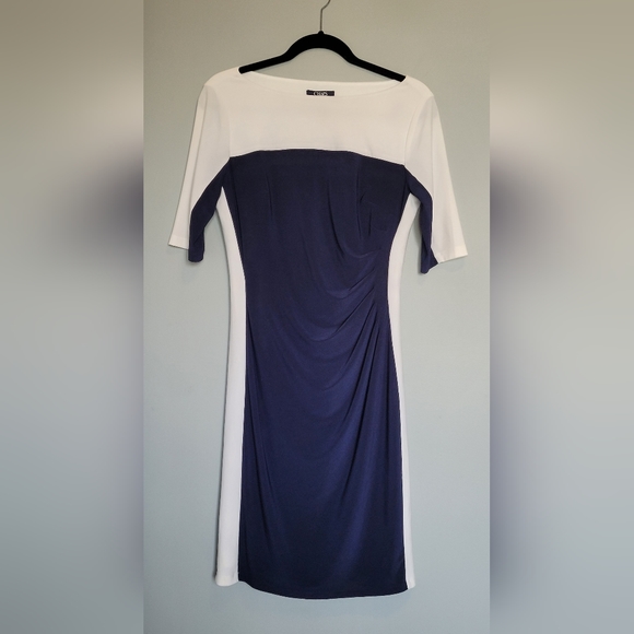 Chaps Dresses & Skirts - Chaps Ralph Lauren Women  size Medi Midi Dress Blue White 3/4 Sleeve